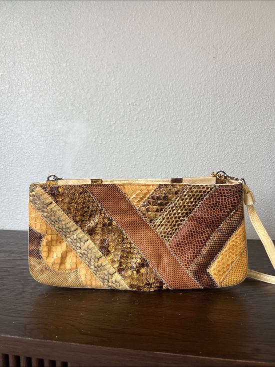Bags by supreme Handbags - Patchwork Snake-Texture Wristlet Clutch in Yellow and Brown